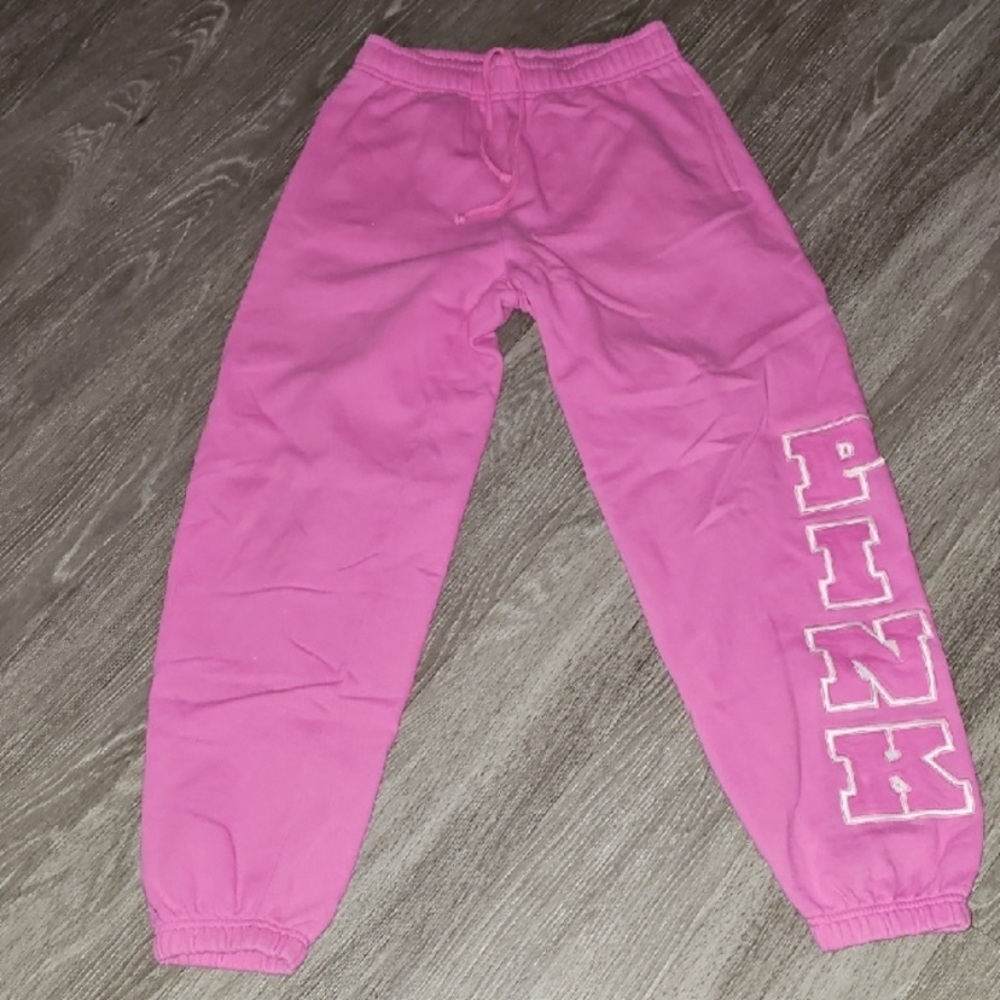 VS Pink leg spell out pink and white sweatpants with drawstring Waist size XS